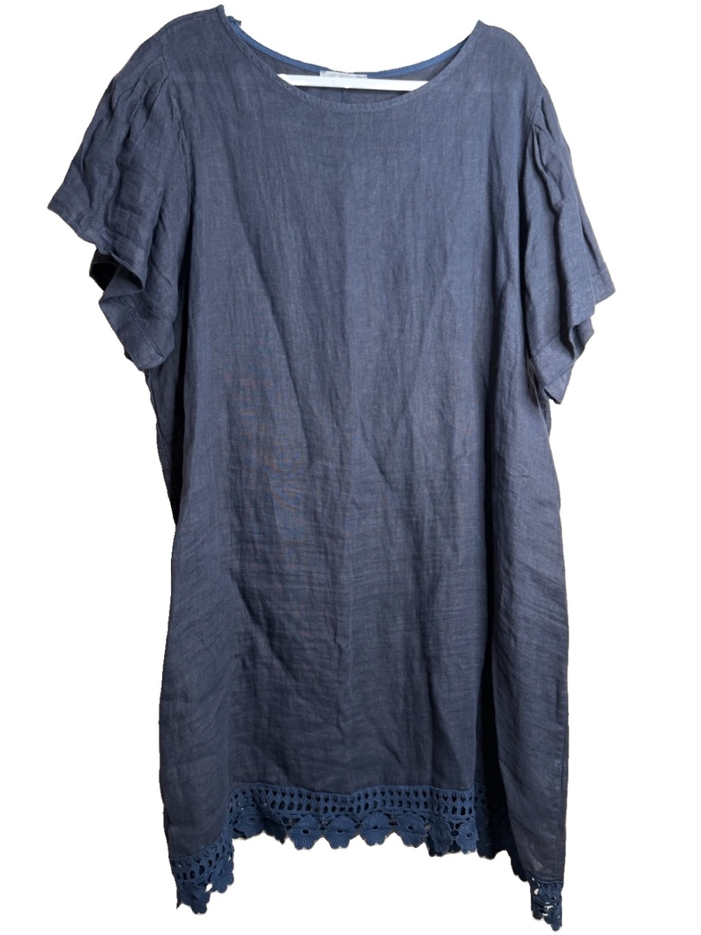 Bellambia Navy Blue 100% Linen Made in Italy Crochet Hem Shift Dress 2X A3